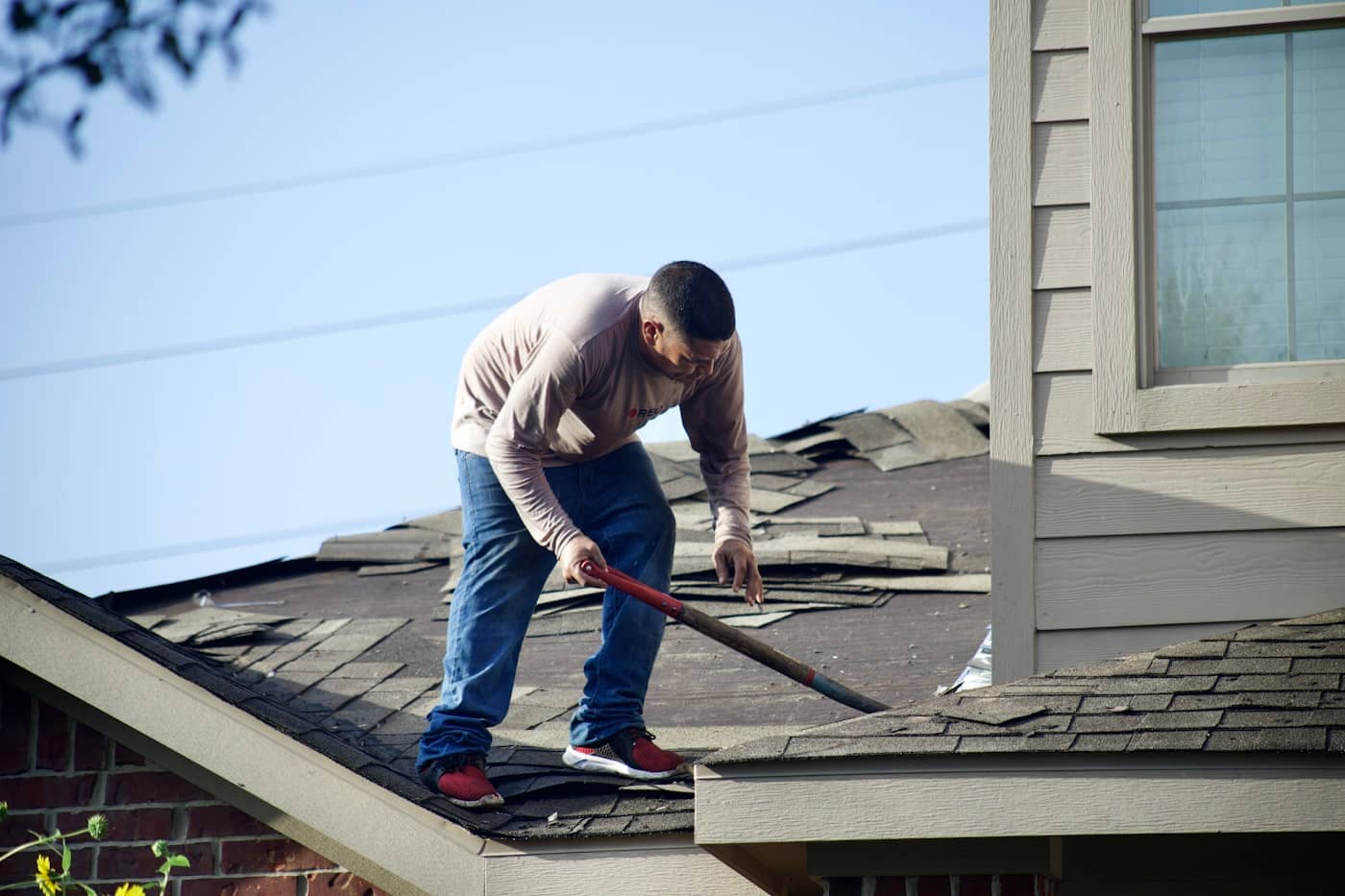 Roofer prying back damaged shingles on a composition roof to trace a leak